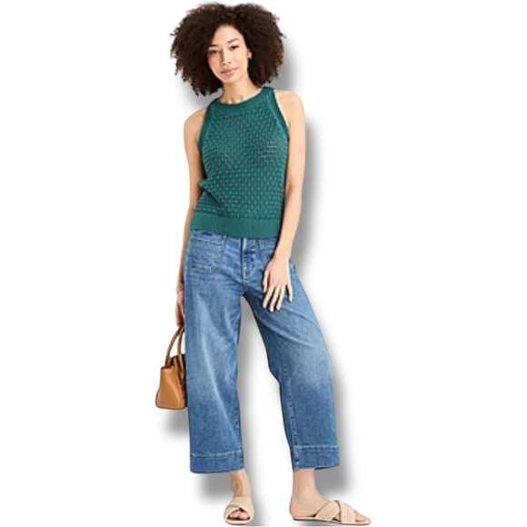 A.N.A Elegant High Neckline Dark Teal Sleeveless Crochet Knit Tank Top Sweater - Picture 2 of 15